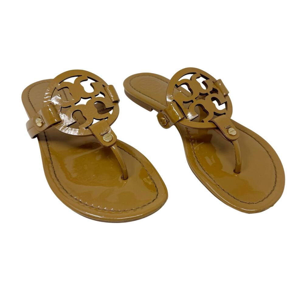 TORY BURCH Tan Caramel Patent Leather Miller Classic Designer Logo Sandals 6.5